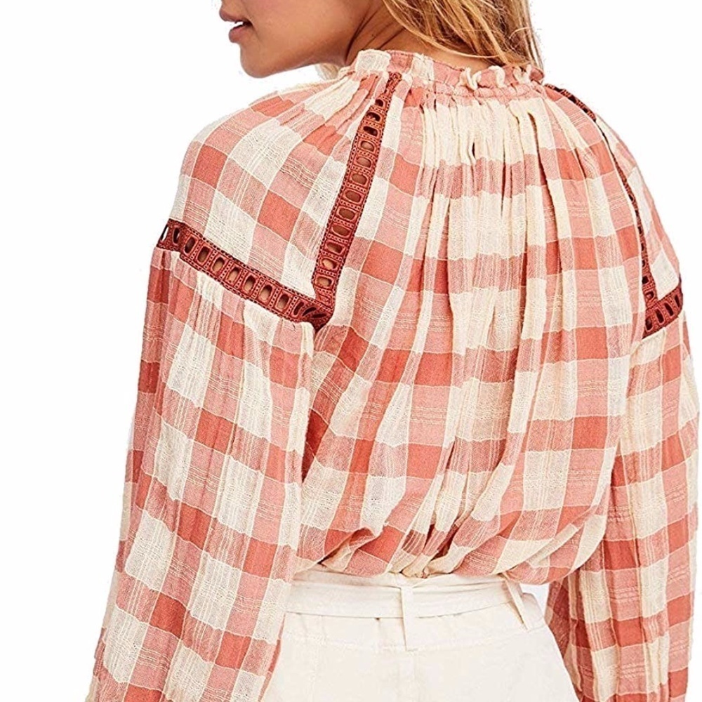 Free People | Honey Groove Plaid Top Womens L Beige Long Sleeve Knit Blouse - Picture 3 of 13